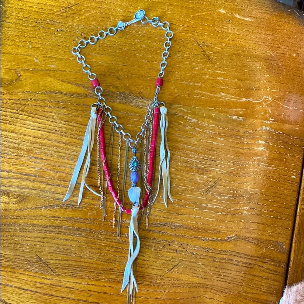 Lucky Brand Bohemian Silver and Red Necklace with leather tassels. - Picture 1 of 5